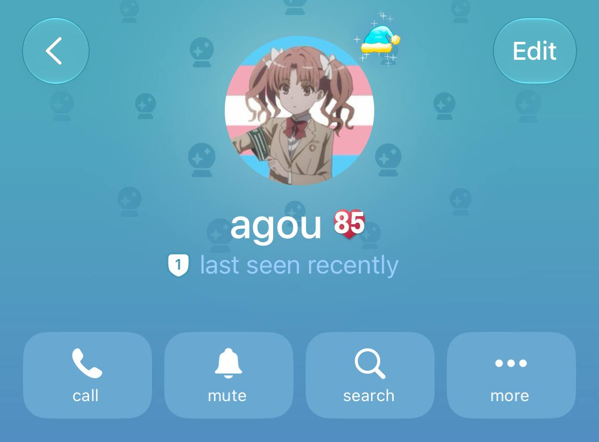 Telegram 个人资料页，用户名 agou 旁显示心形数字 85 的表情状态