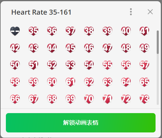 Heart Rate 35-161 自定义表情包选择器，展示按心率排列的数字心形图标