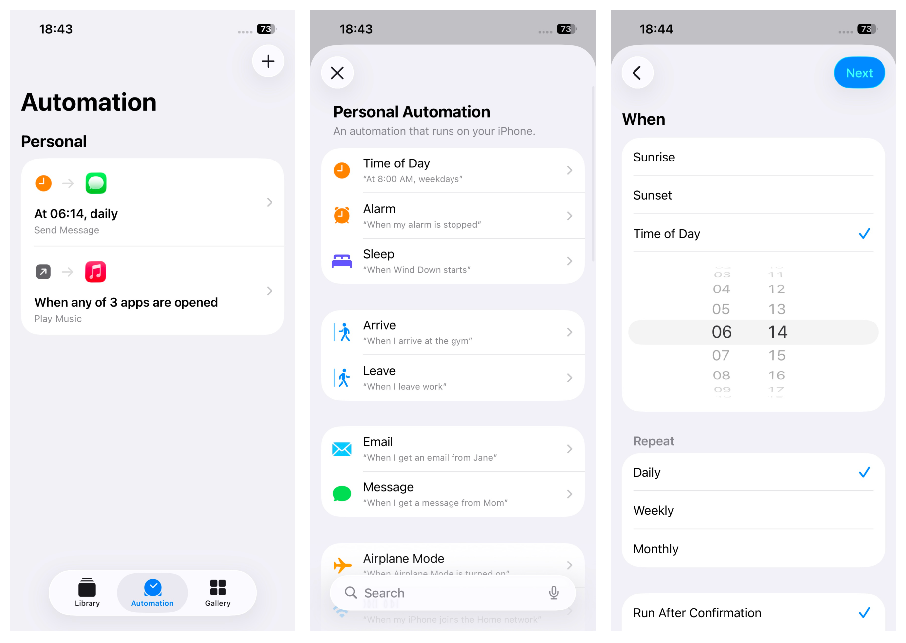 iOS 快捷指令自动化设置界面，展示每天按时间运行的触发条件